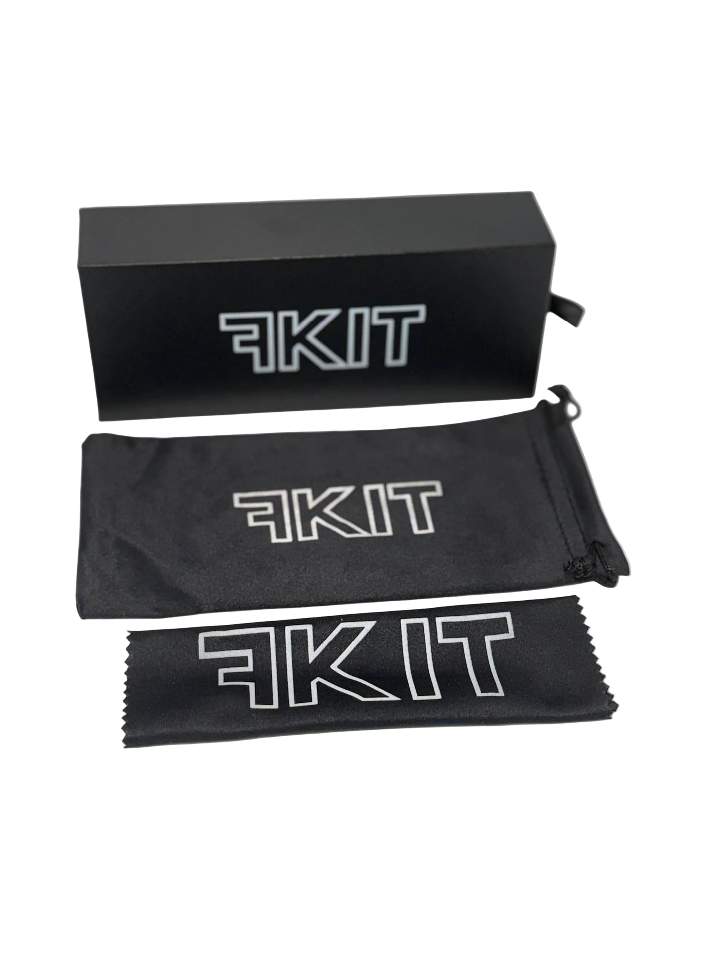 Black eyewear case with 'FKIT' branding on a white background, Cleaning cloth and glasses carry case