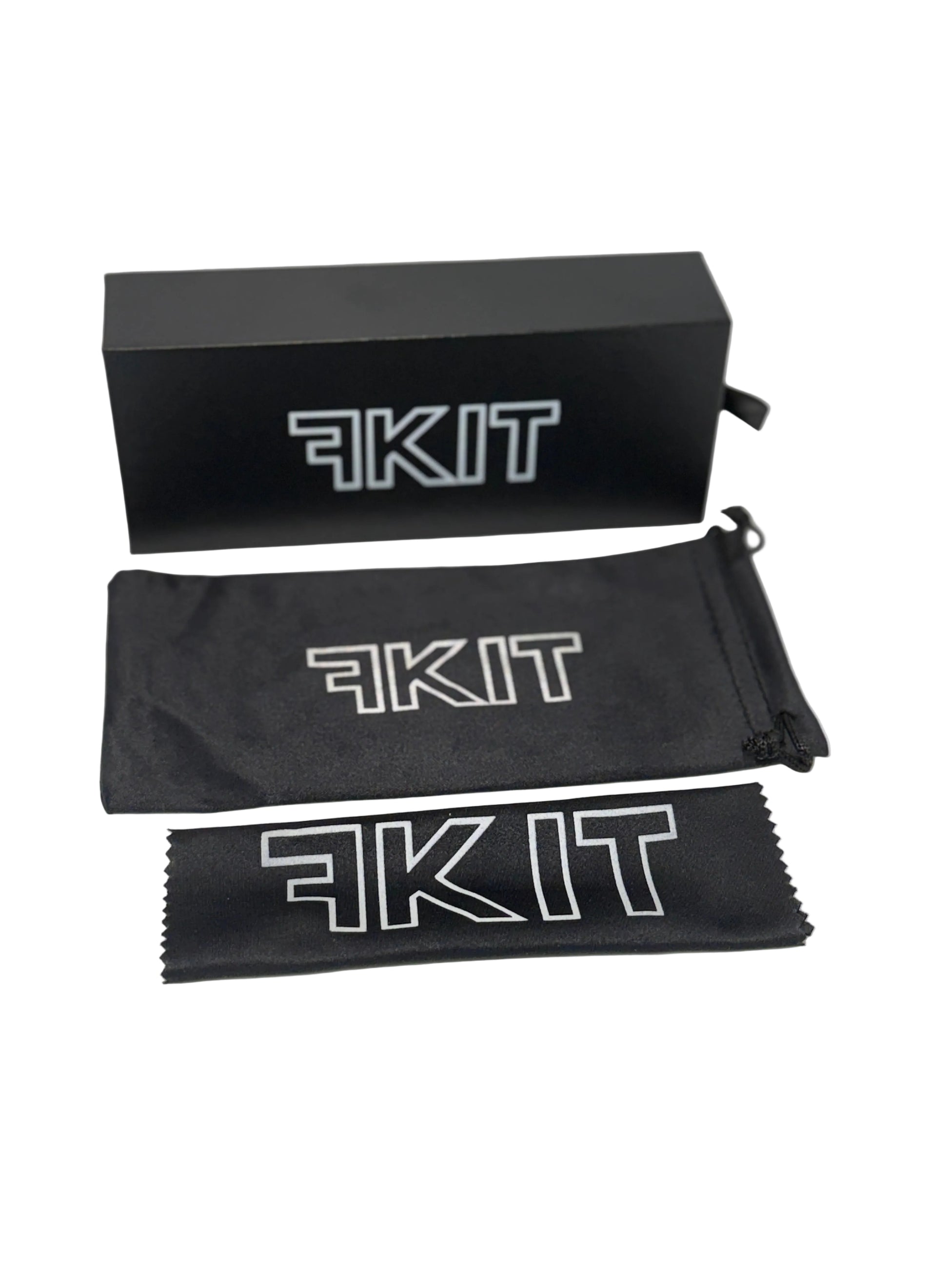 Black eyewear case with 'FKIT' branding on a white background, Cleaning cloth and glasses carry case