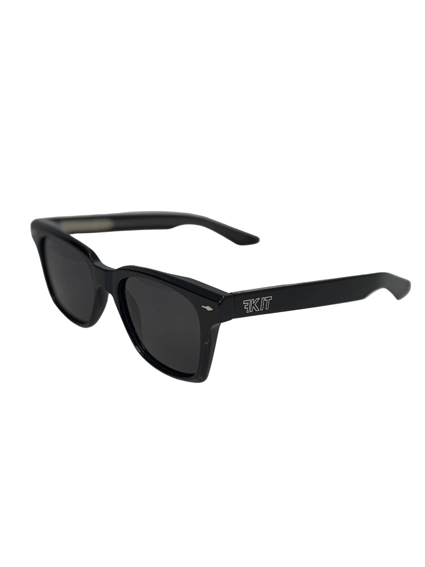 Black sunglasses with a brand logo on a light background