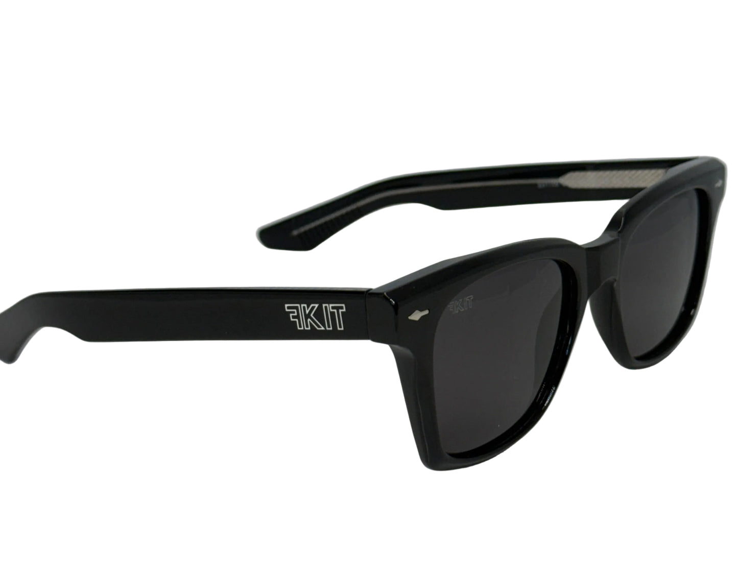 Black sunglasses with a logo on a light background