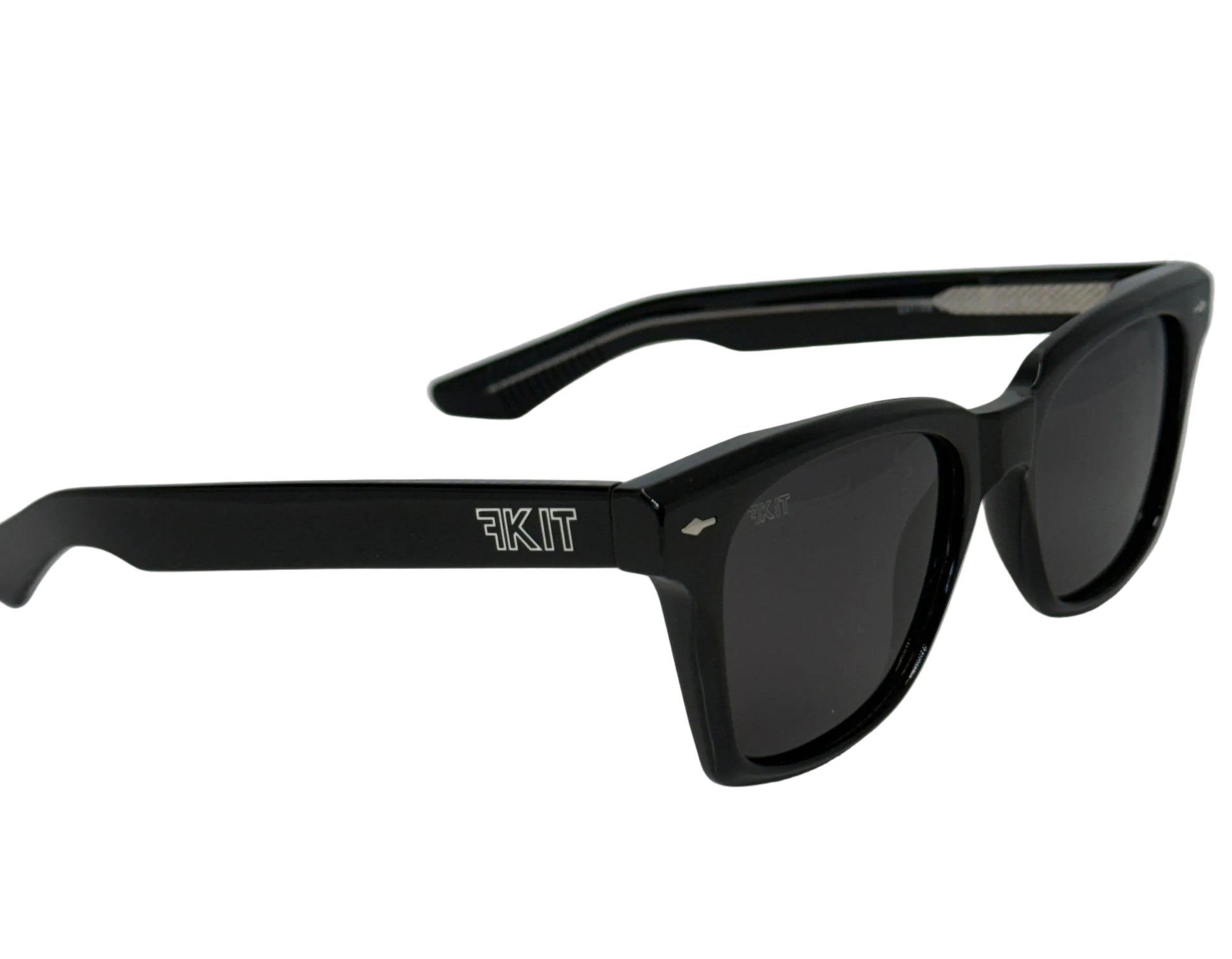 Black sunglasses with a logo on a light background
