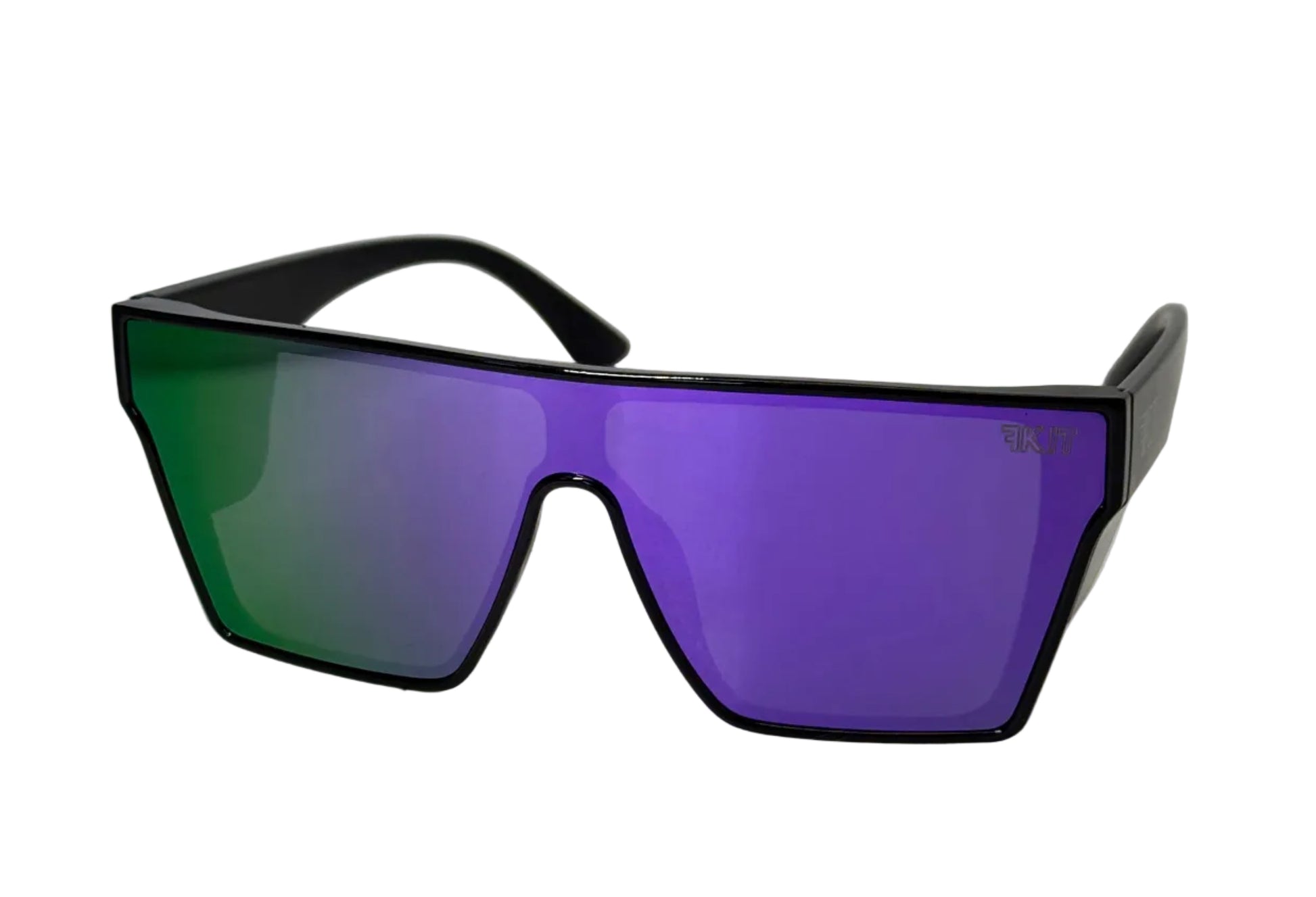 FKIT SUNNIES with a black frame and purple-green tinted lenses on a white background