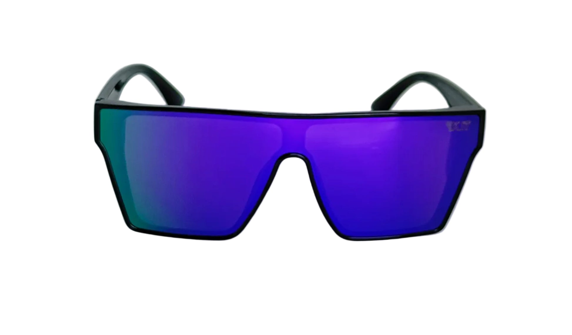 Sunglasses with blue-green tinted lenses on a light background