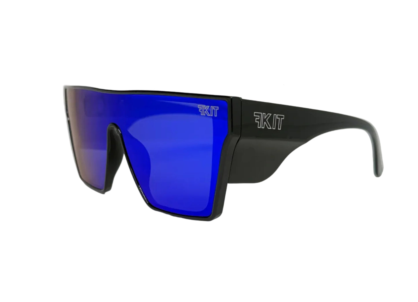 FKIT SUNNIES with blue lenses and black frame on a white background