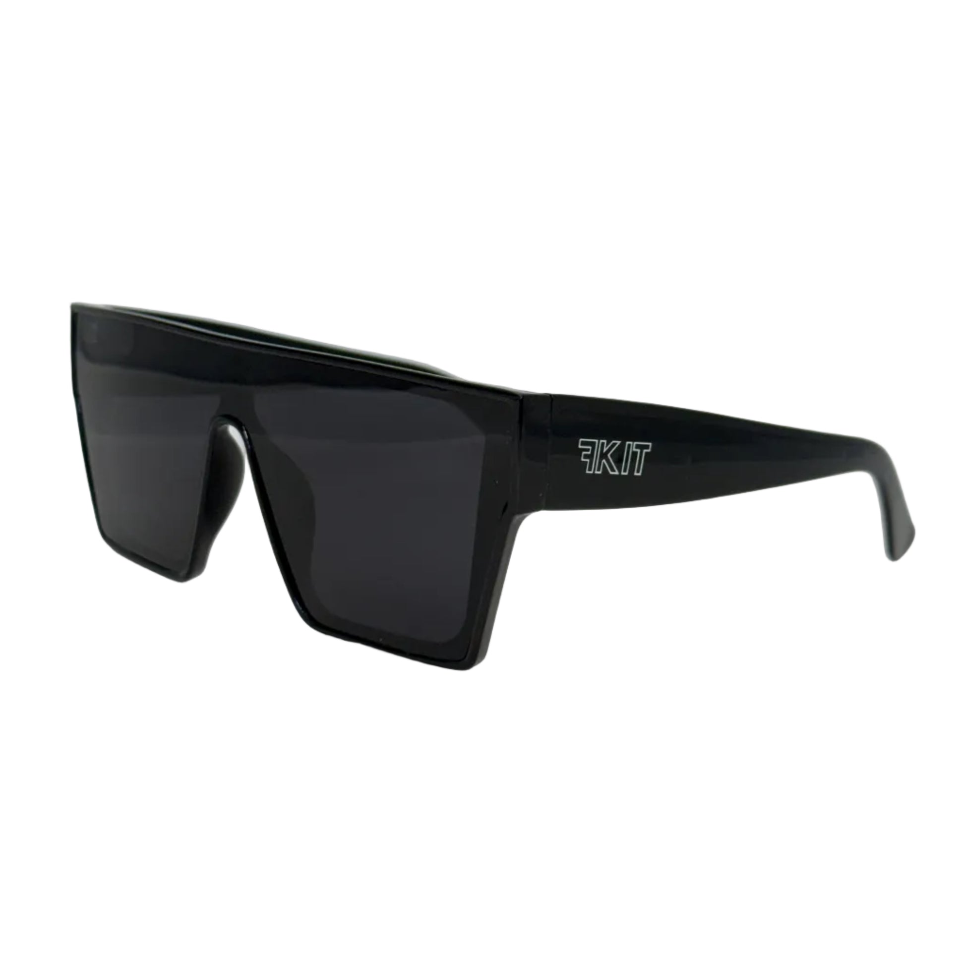 Black FKIT SUNNIES with a reflective surface on a white background