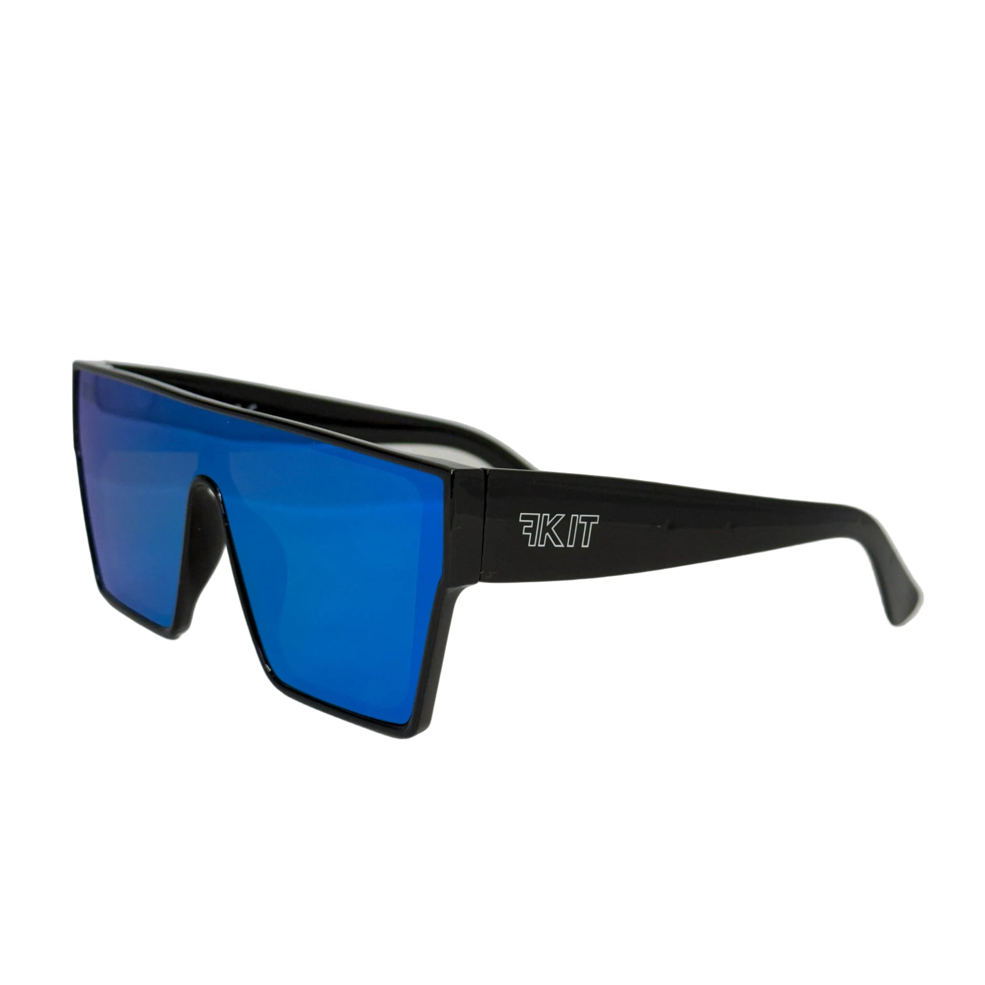 Sunglasses with blue lenses and black frame on a white background