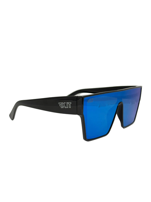 Sunglasses with blue lenses and black frame on a white background